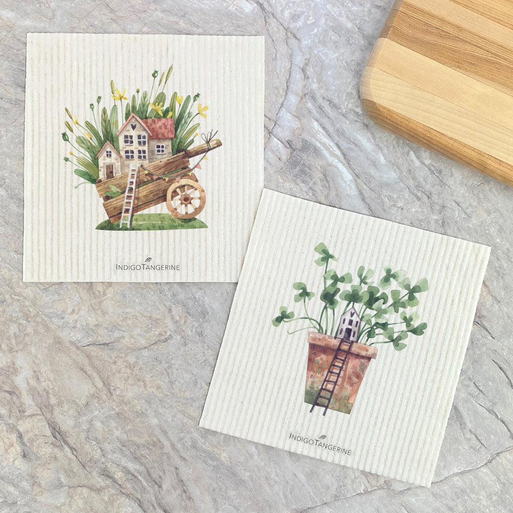 Wheelbarrow, Clover Fairy House  - 2pk Swedish Dish Cloth