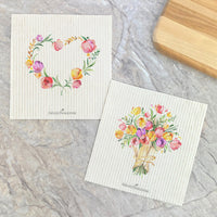 Spring Heart Wreath, Tulip Bouquet 2pk - Swedish Dish Cloth