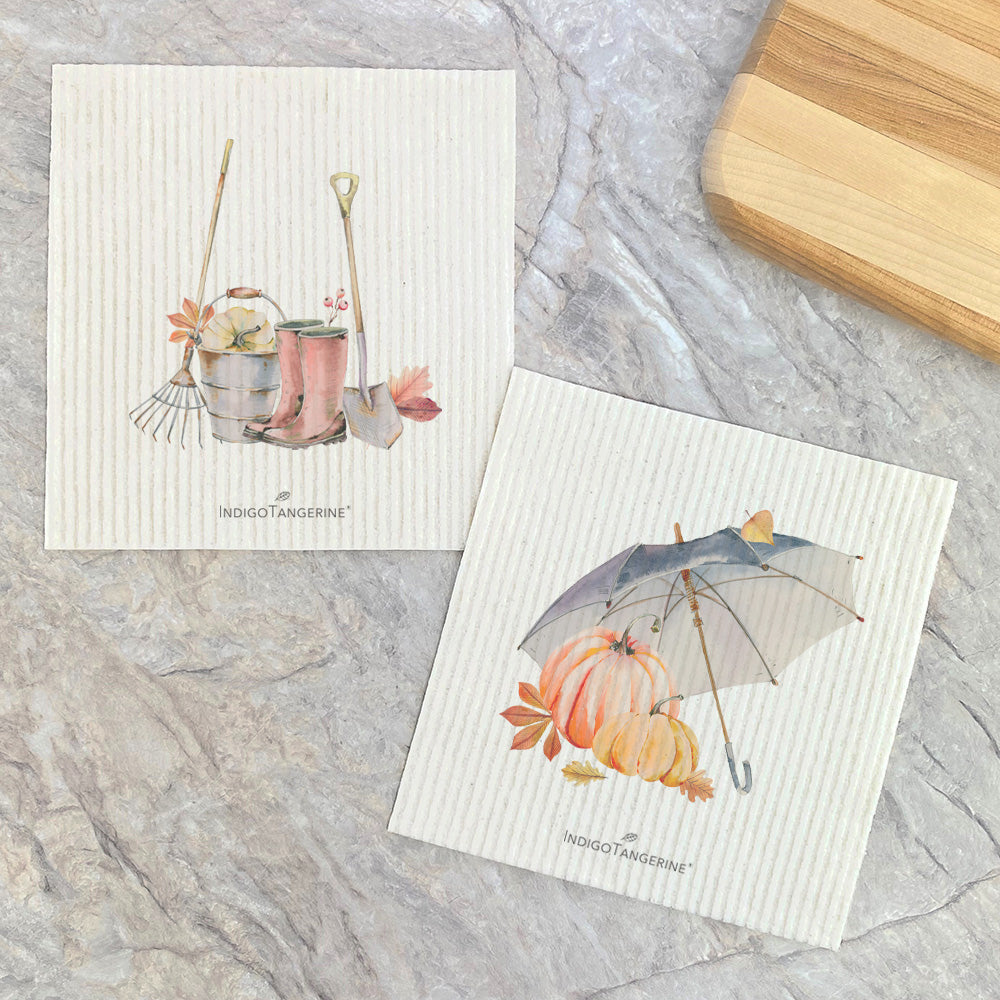 Fall Boots, Umbrella Pumpkins  - 2pk Swedish Dish Cloth