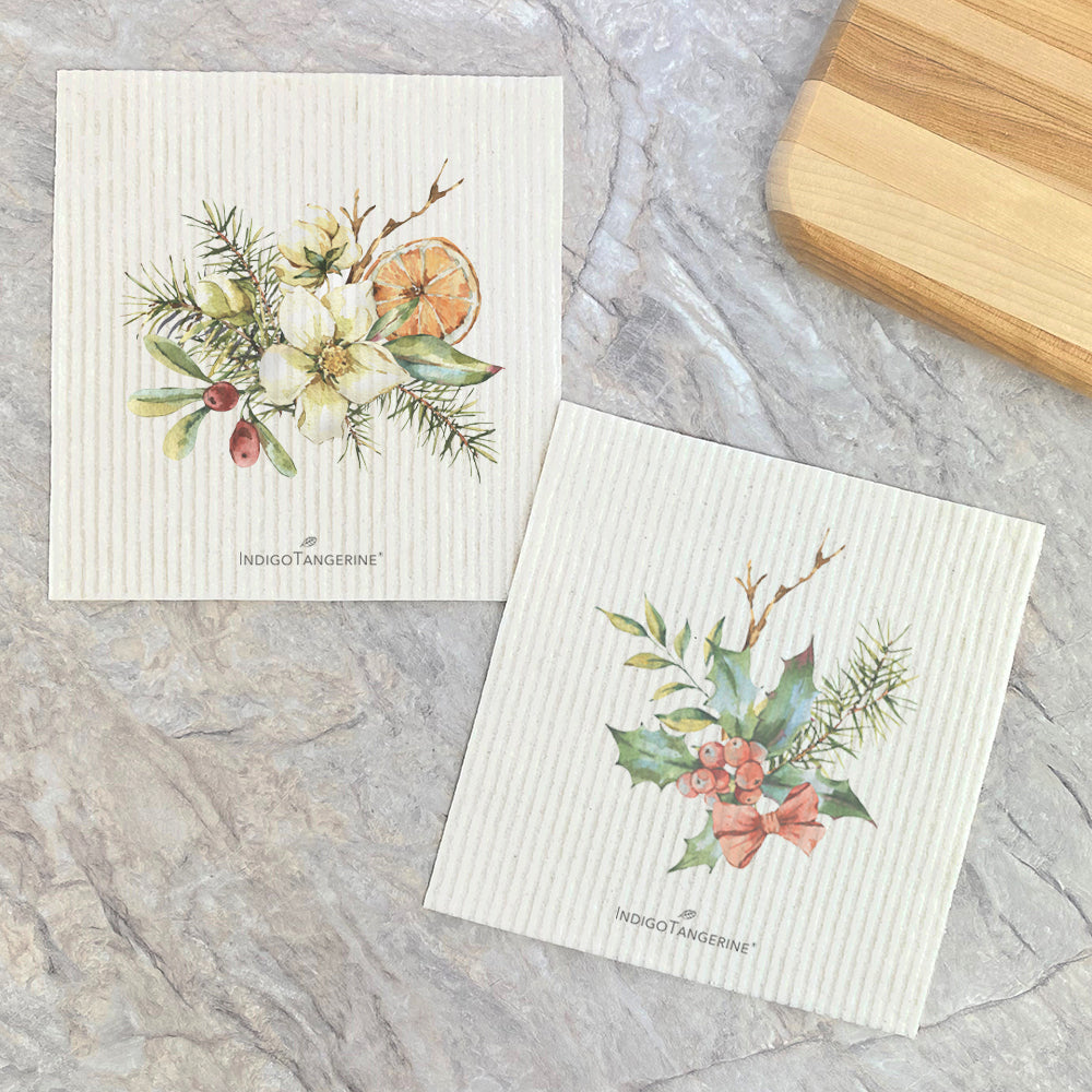 Holly Bundle, Poinsettia Orange Bouquet  - 2pk Swedish Dish Cloth