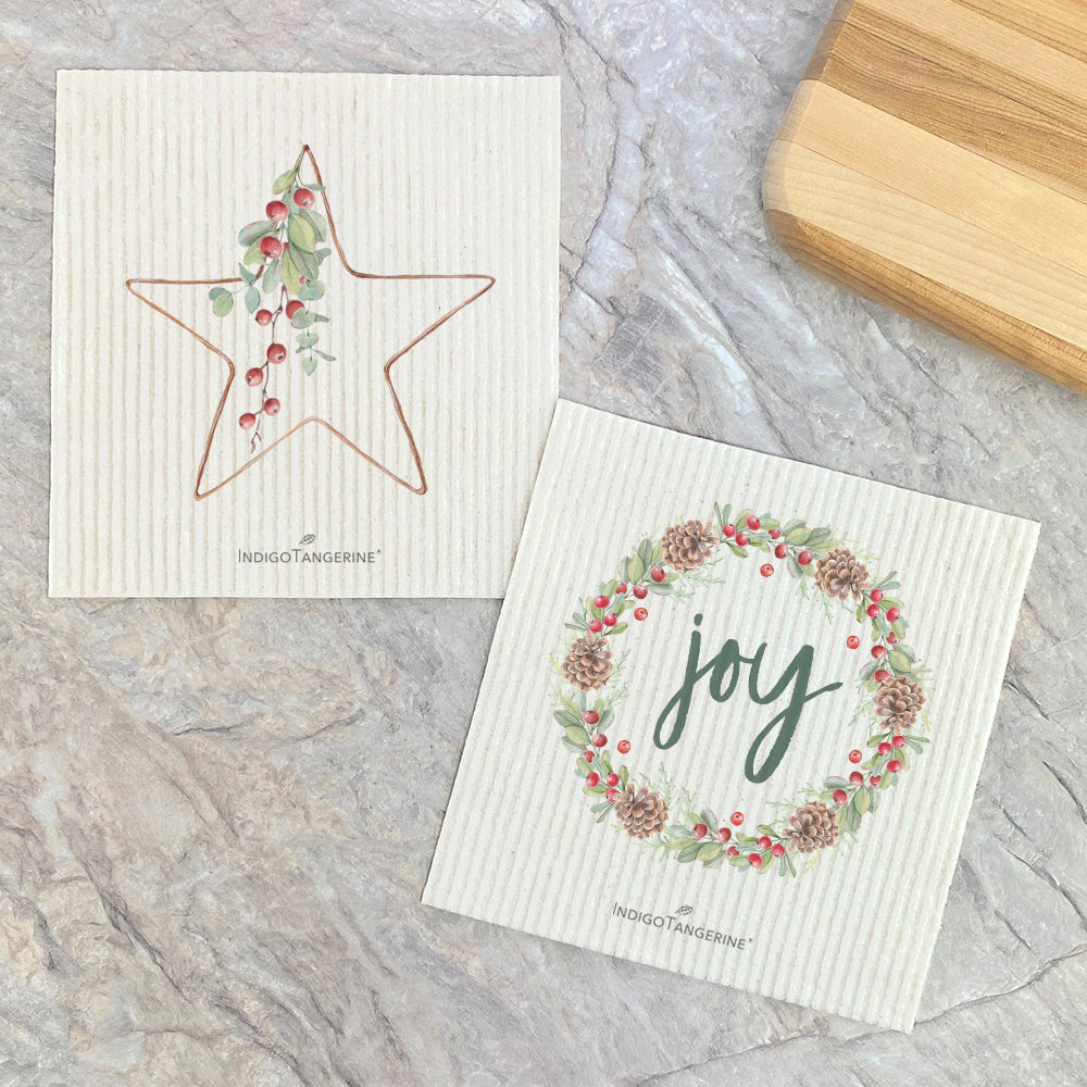 Christmas Star, Joy Wreath  - 2pk Swedish Dish Cloth