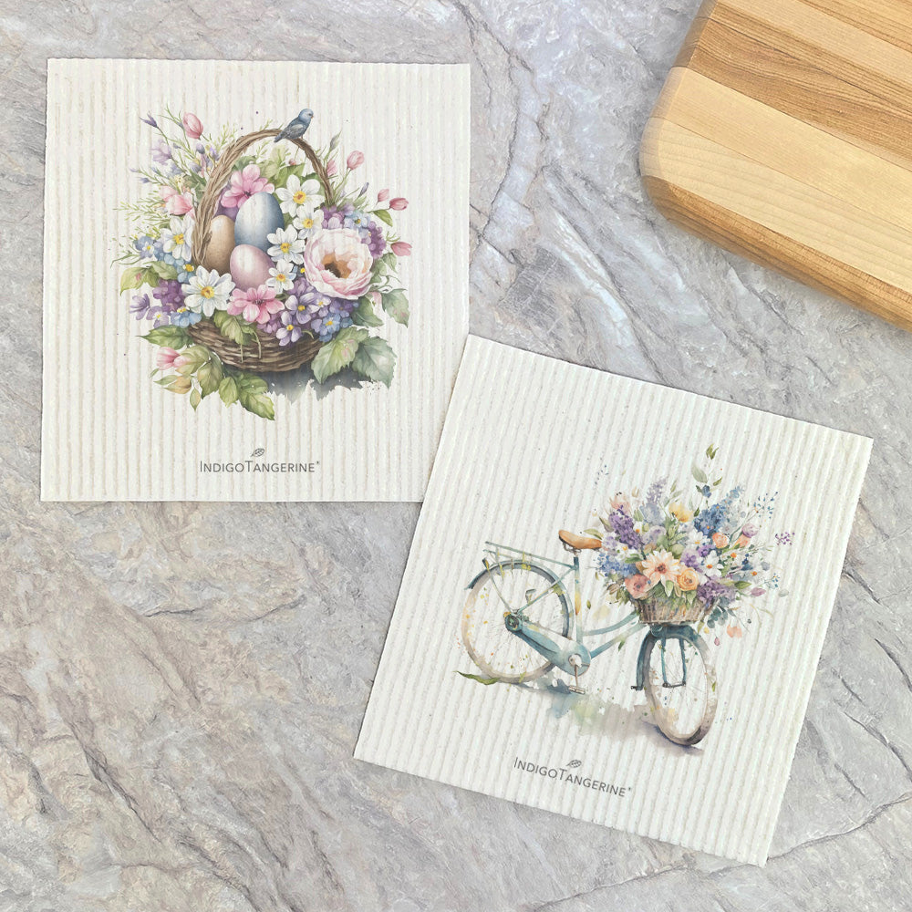 Watercolor Floral Bike, Basket 2pk - Swedish Dish Cloth
