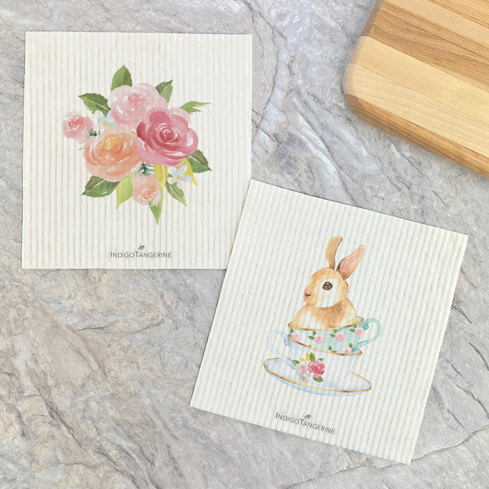 Watercolor Rose Bouquet, Bunny  - 2pk Swedish Dish Cloth