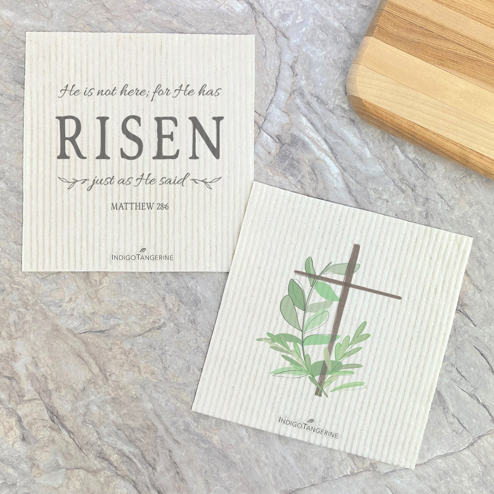 He Has Risen, Cross with Leaves  - 2pk Swedish Dish Cloth
