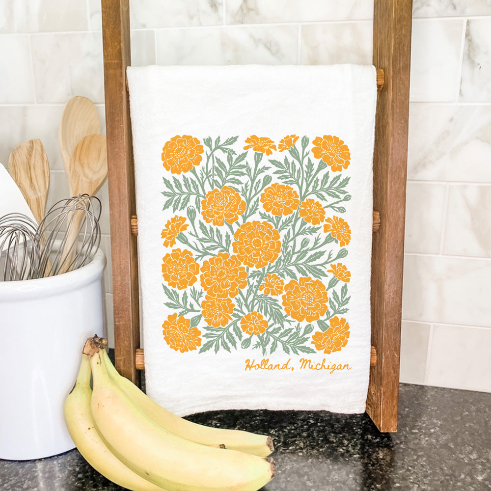 Marigolds Linocut - Custom Cotton Tea Towel