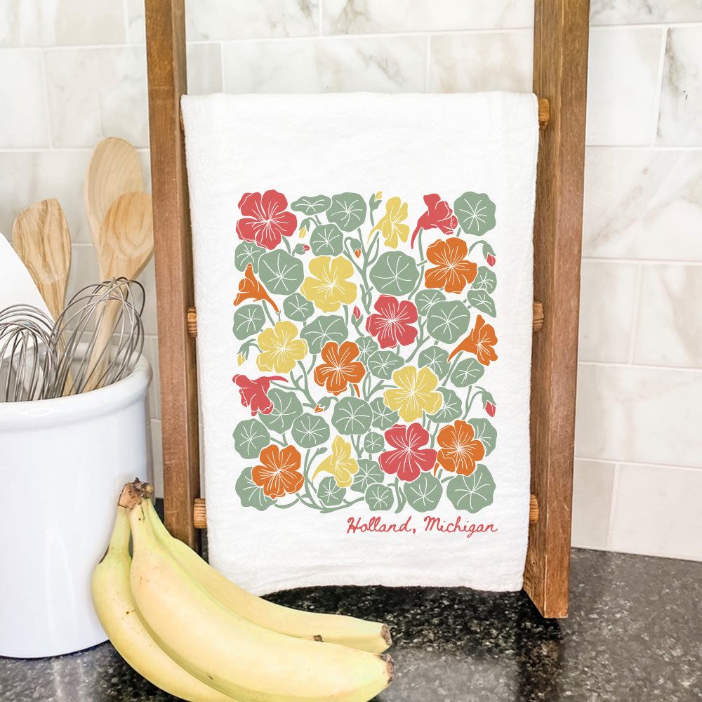 Summer Nasturtiums Linocut - Custom Cotton Tea Towel