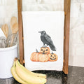 Crow and Carved Pumpkins - Customizable Halloween Tea Towel