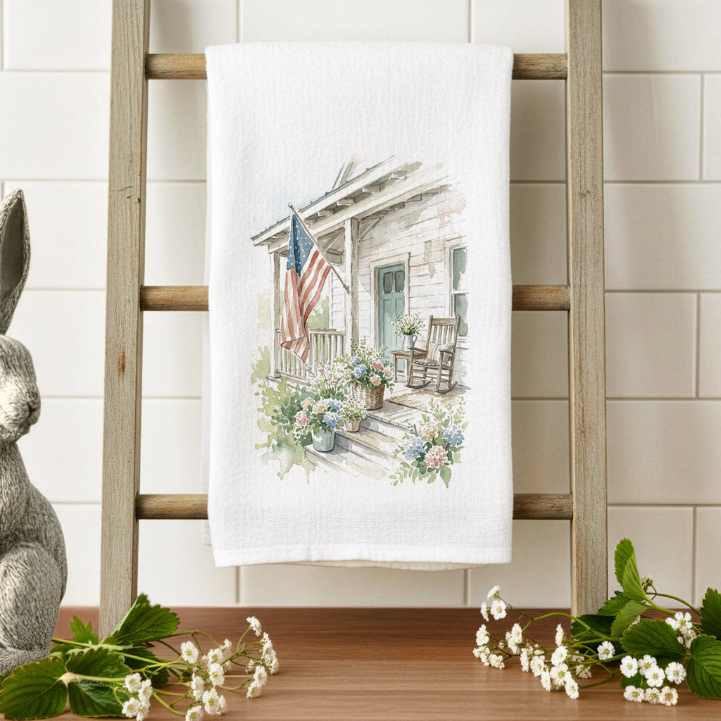 Patriotic Porch Watercolor - Cotton Tea Towel