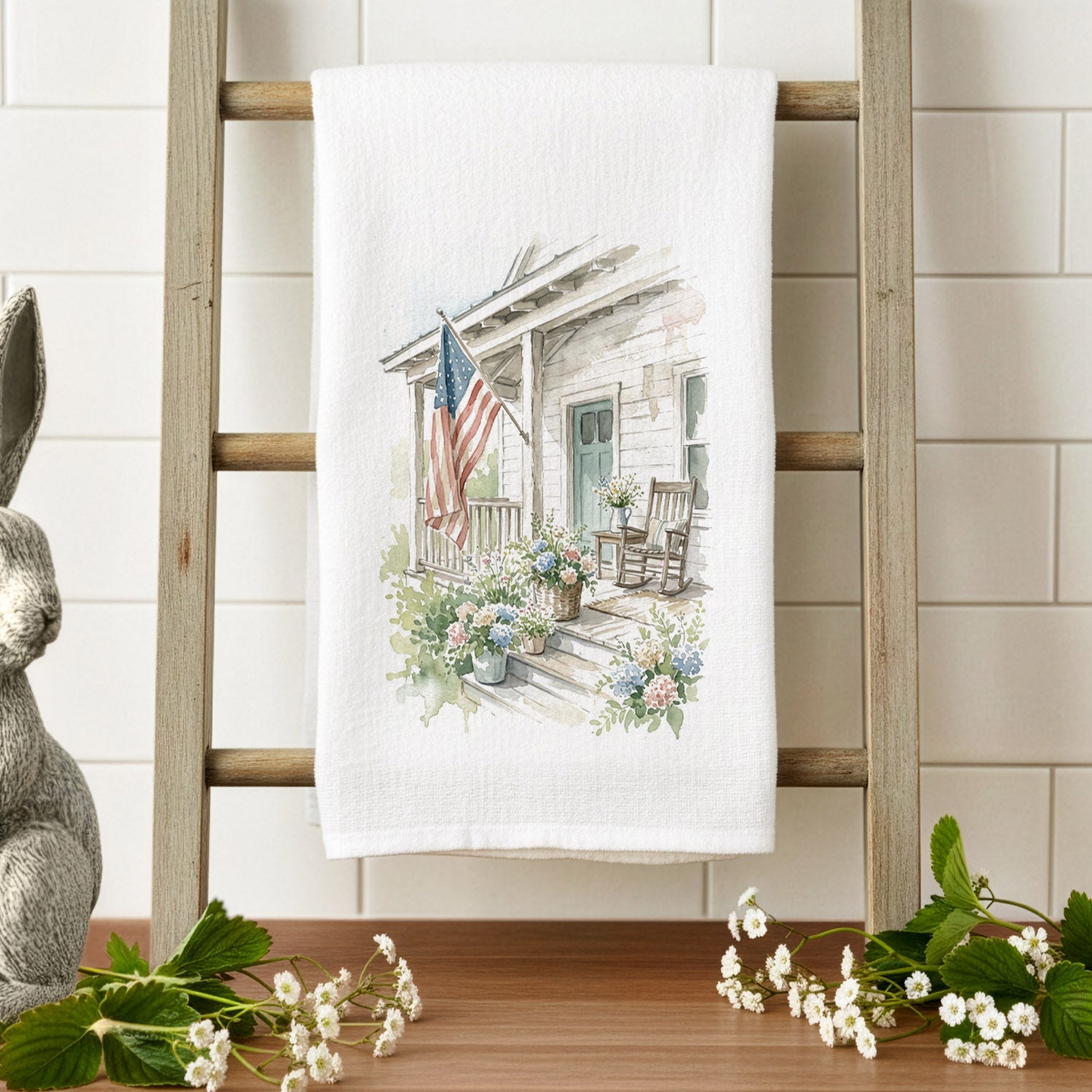 Patriotic Porch Watercolor - Cotton Tea Towel