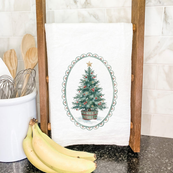 Watercolor Christmas Tree with Border - Cotton Tea Towel