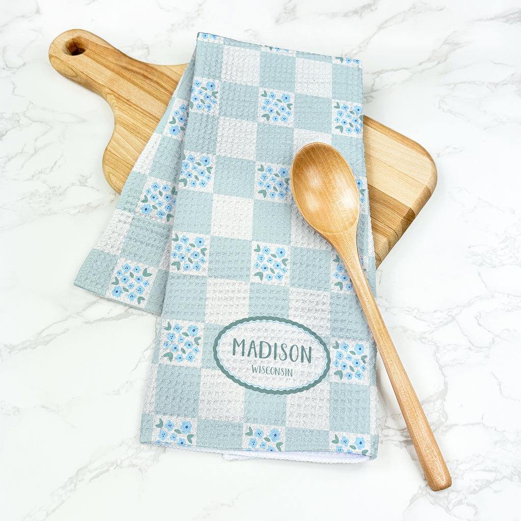 Green Floral Picnic Plaid - Custom Waffle Weave Towel
