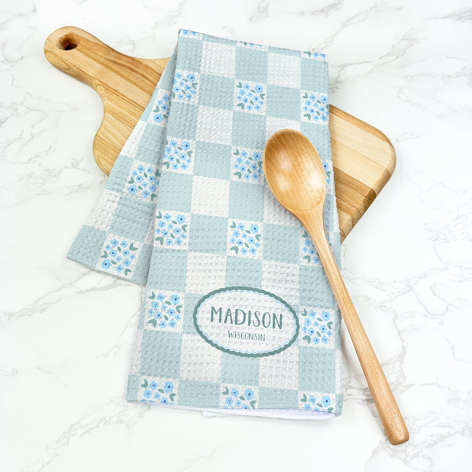 Green Floral Picnic Plaid - Custom Waffle Weave Towel