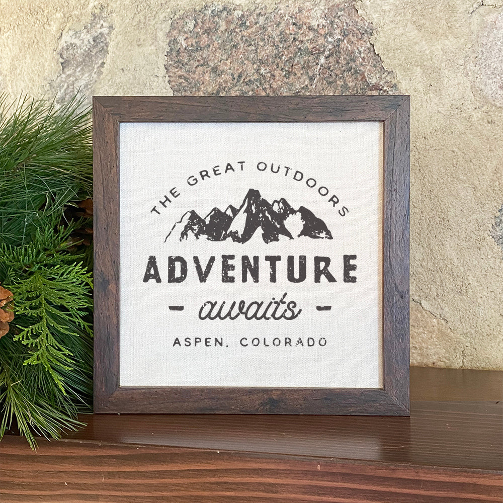 Adventure Awaits w/ City, State - Custom Framed Sign