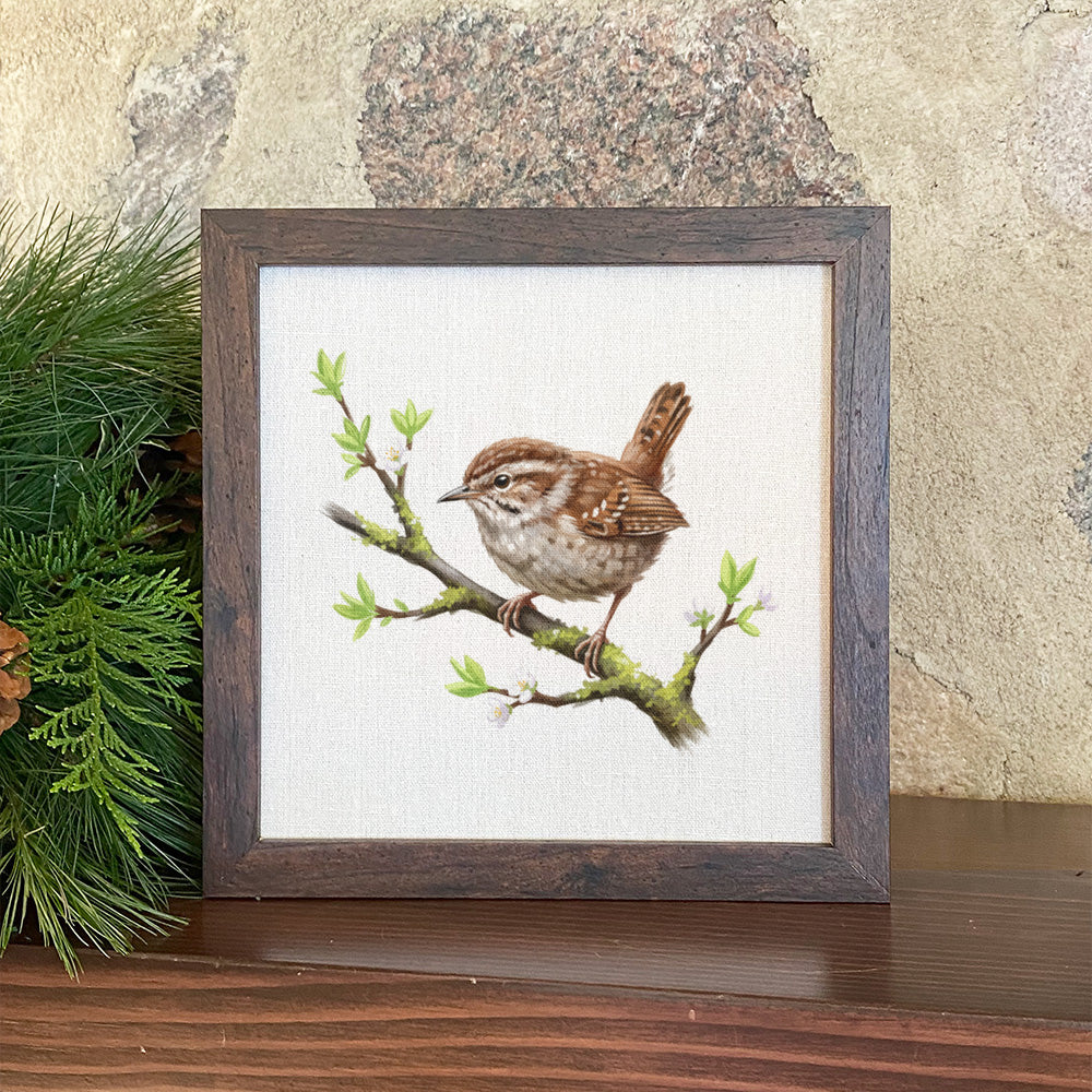 Wren on Spring Branch - Oil Paint - Framed Sign