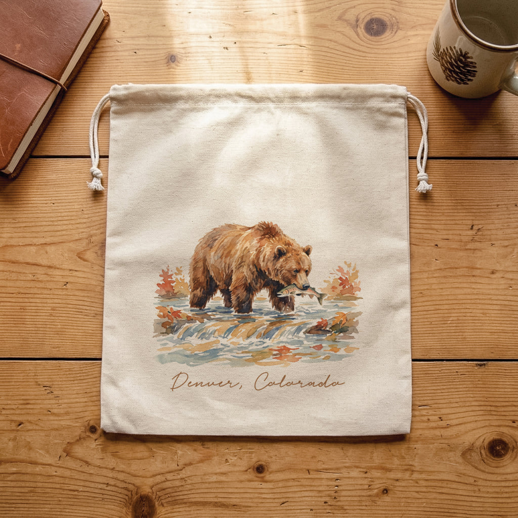 Bear River Scene - Custom Cotton Cinch Bag