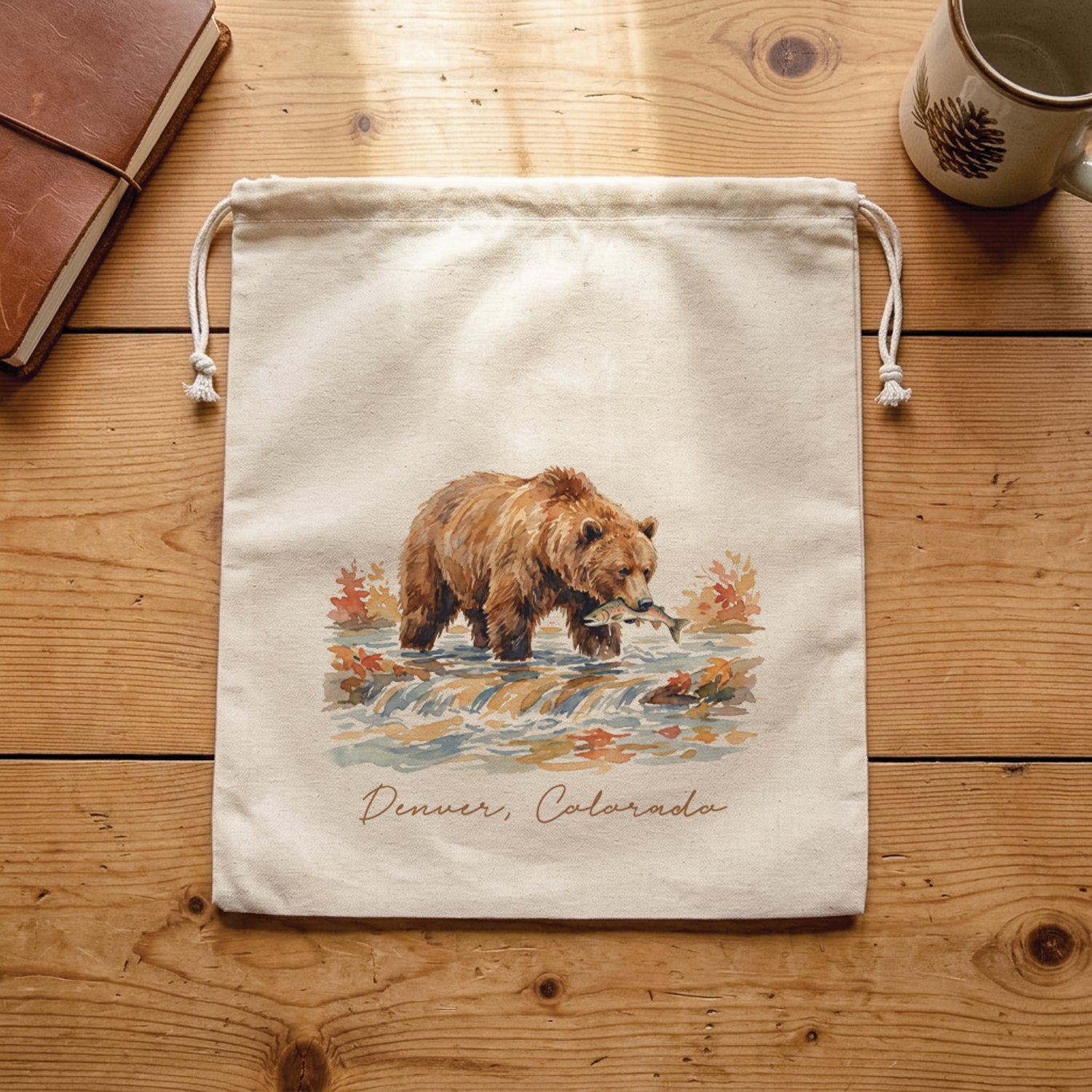 Bear River Scene - Custom Cotton Cinch Bag
