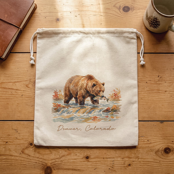 Bear River Scene - Custom Cotton Cinch Bag