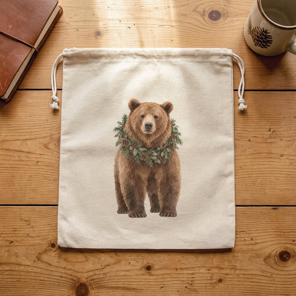 Bear with Holiday Wreath - Cotton Cinch Bag