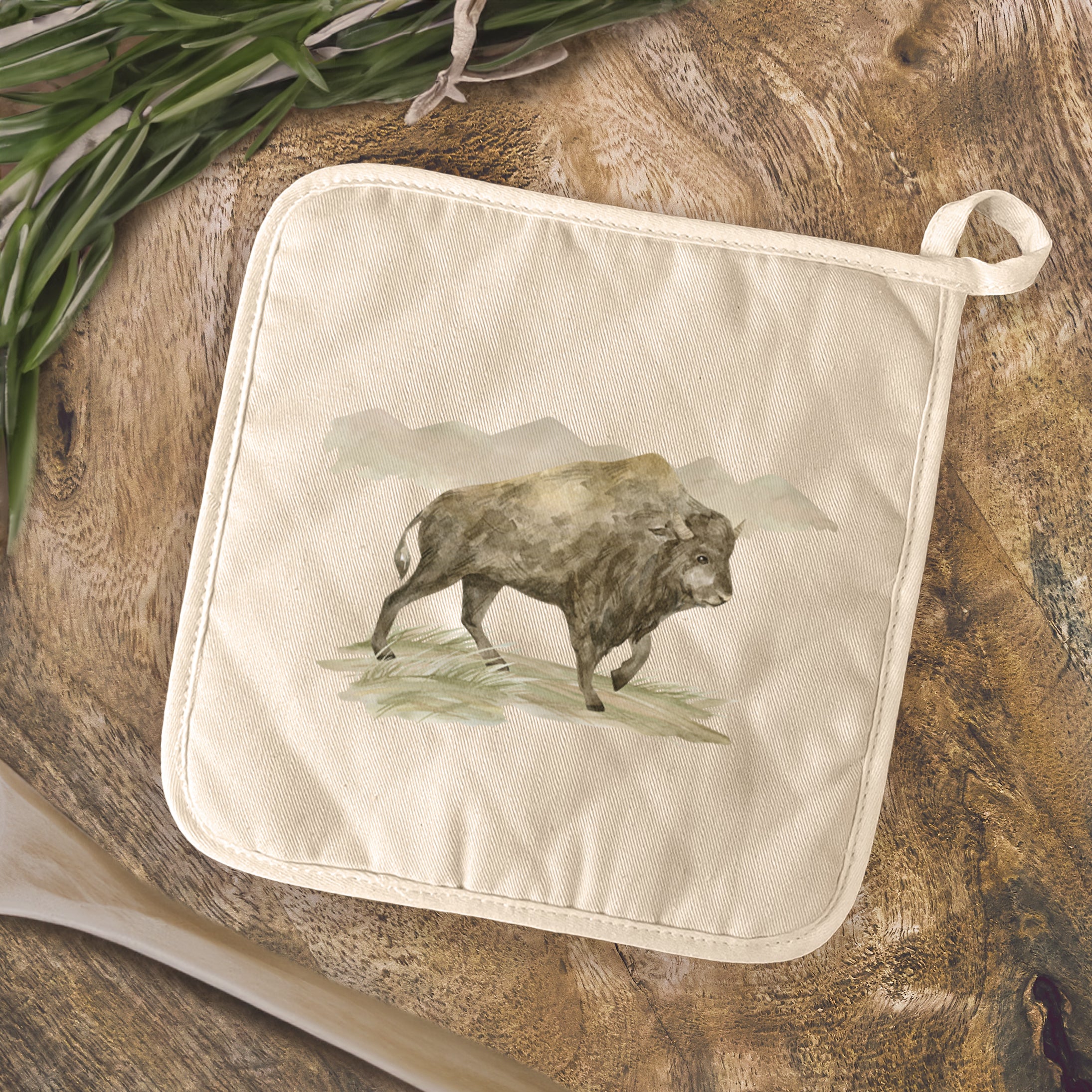 Watercolor Bison Scene - Customizable Cotton Pot Holder
