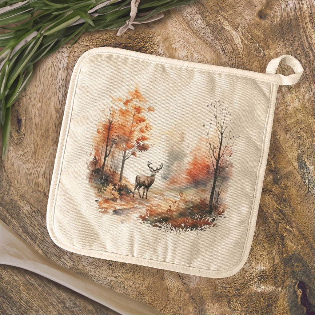Watercolor Fall Forest and Deer - Customizable Cotton Pot Holder