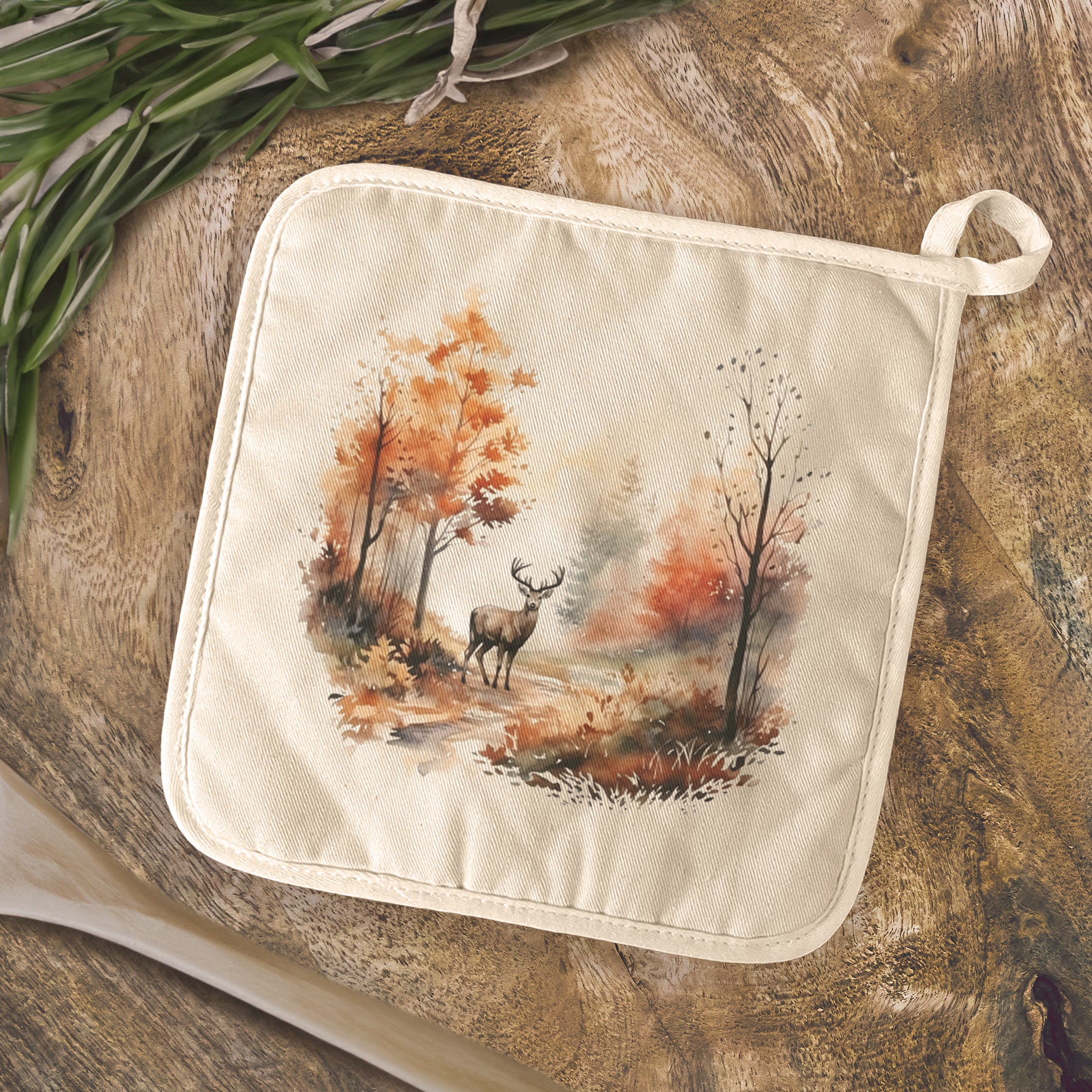 Watercolor Fall Forest and Deer - Customizable Cotton Pot Holder