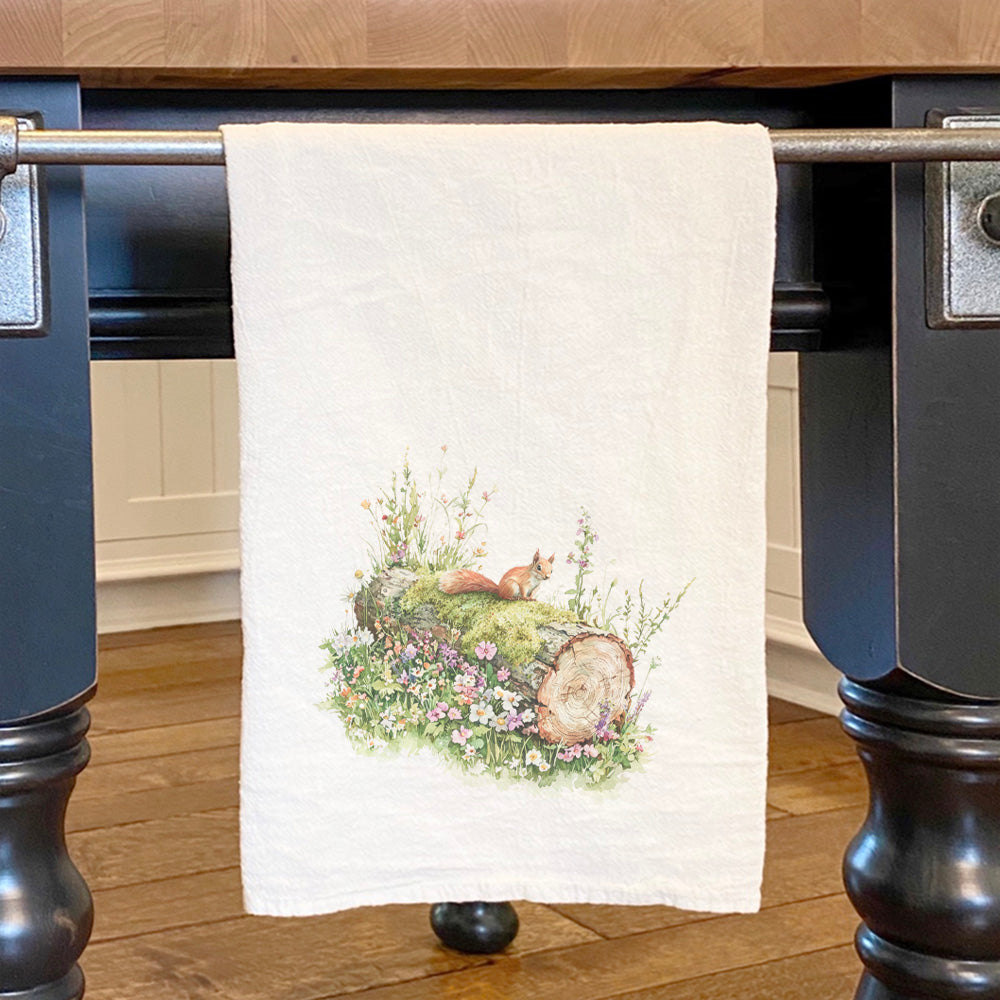 Red Squirrel on Log - Spring Cotton Tea Towel