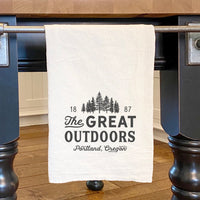 Great Outdoors w/ City, State - Cotton Tea Towel