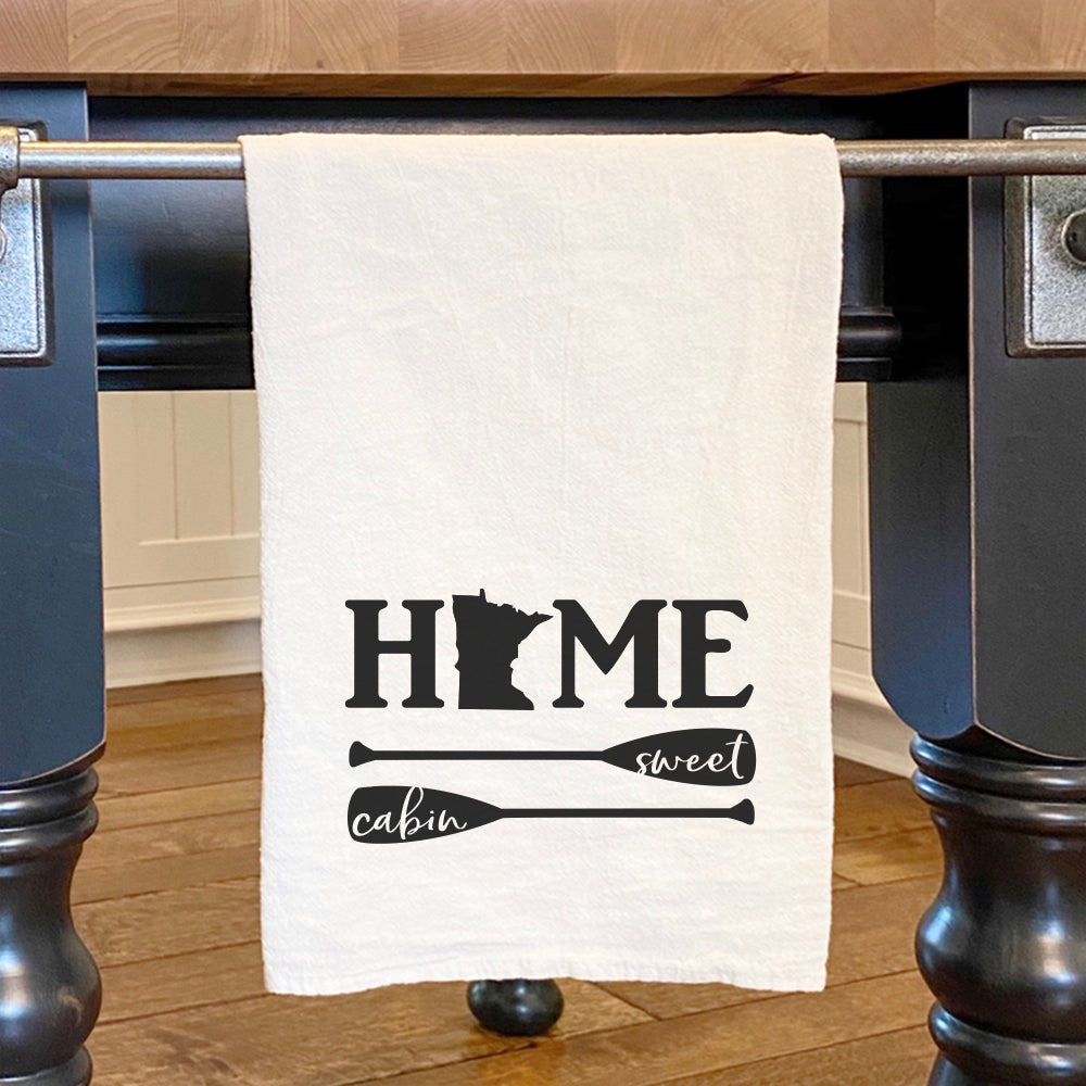 Home Sweet Cabin w/ State - Custom Cotton Tea Towel