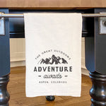 Adventure Awaits w/ City, State - Cotton Tea Towel