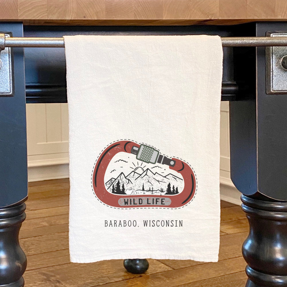 Wild Life Carabiner w/ City, State - Custom Cotton Tea Towel