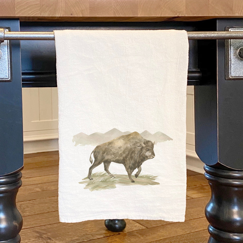 Watercolor Bison Scene - Customizable Cotton Tea Towel
