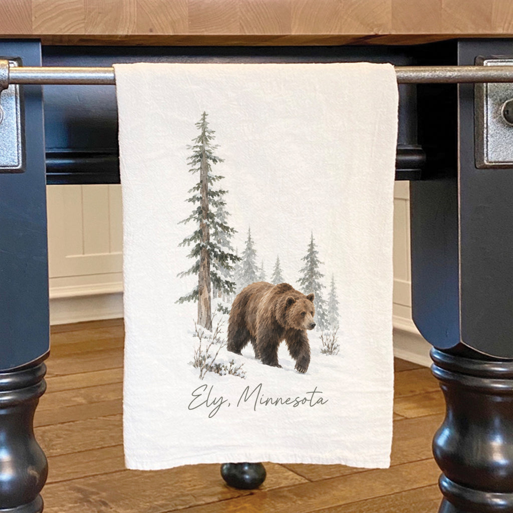 Bear in Winter Forest - Custom Cotton Tea Towel