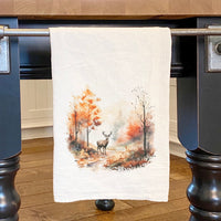 Watercolor Fall Forest and Deer - Cotton Tea Towel