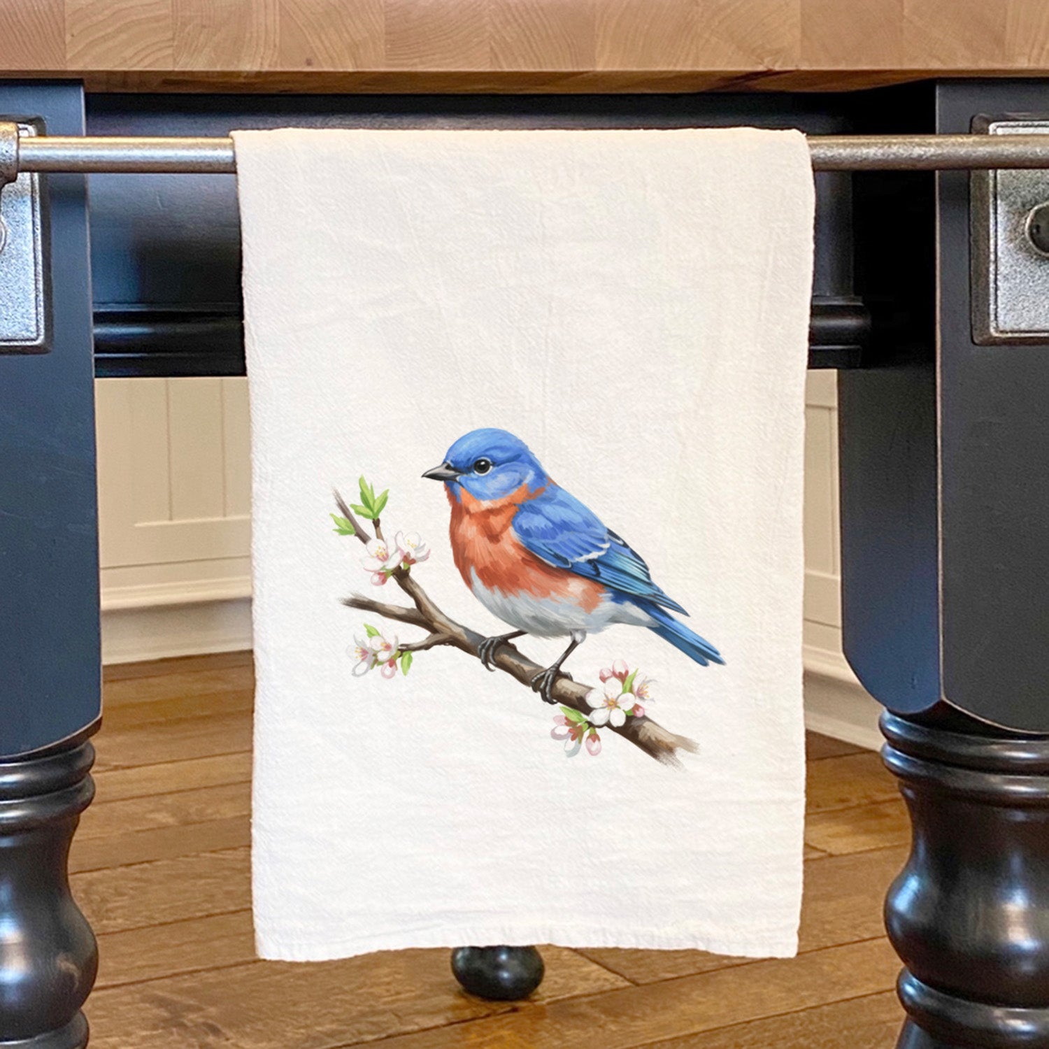 Eastern Bluebird on Branch - Oil Paint - Cotton Tea Towel