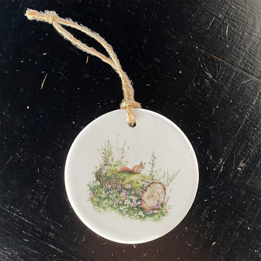 Red Squirrel on Log - Spring Ornament