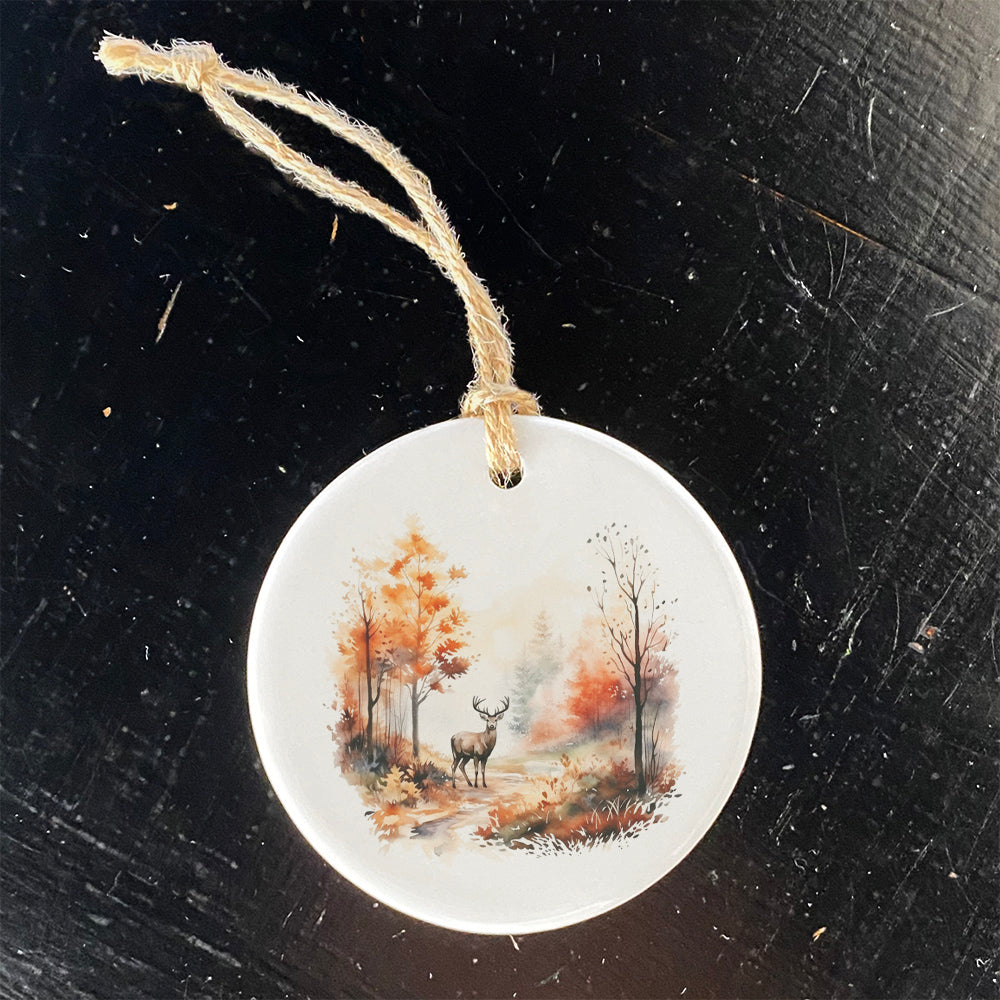 Watercolor Fall Forest and Deer - Ornament