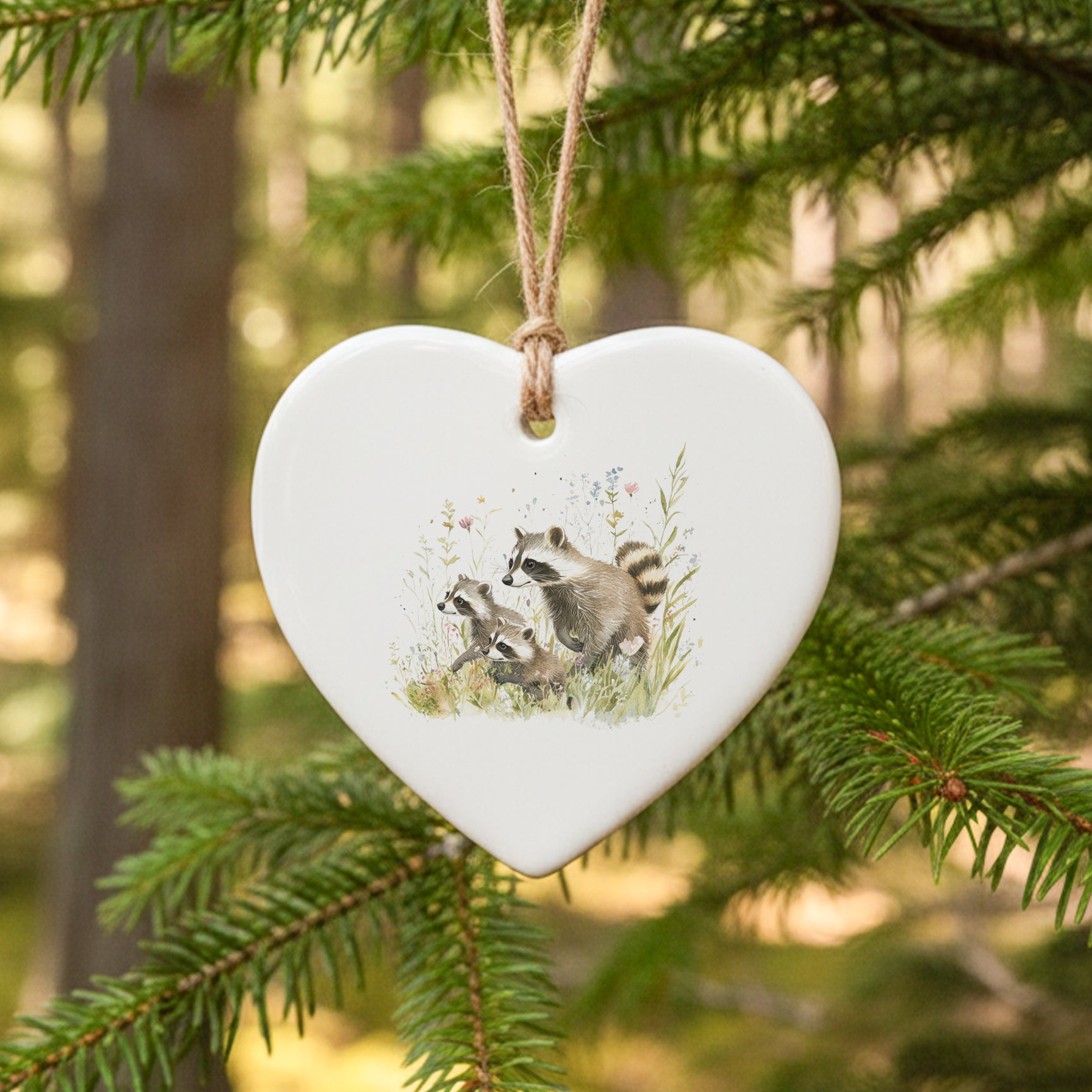 Raccoon Family - Heart Shaped Ornament