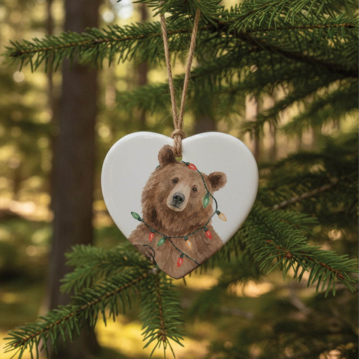 Bear with Christmas Lights - Heart Shaped Ornament