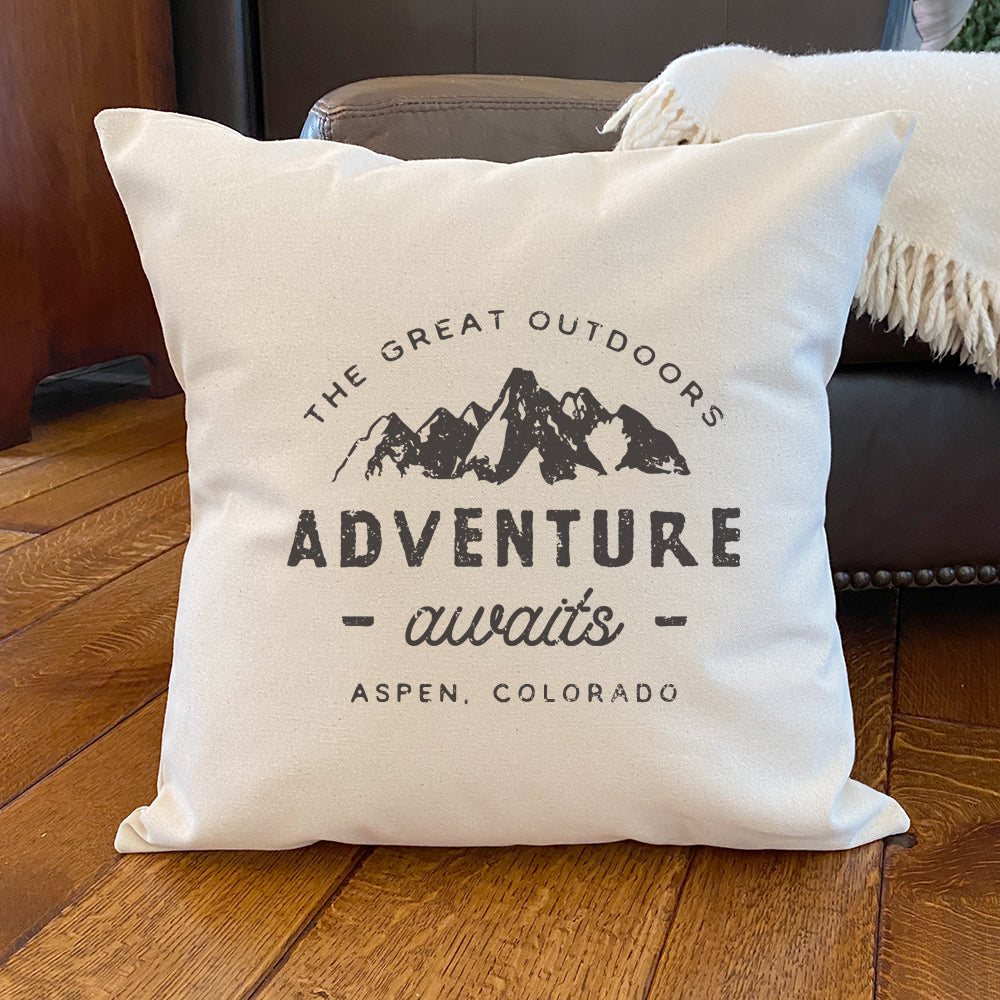 Adventure Awaits w/ City, State - Custom Square Canvas Pillow