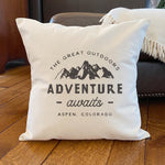 Adventure Awaits w/ City, State - Square Canvas Pillow