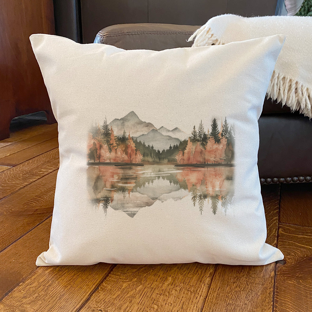 Fall Mountain Lake Scene - Customizable Square Canvas Pillow