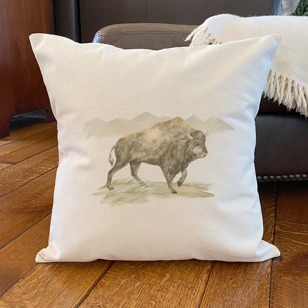 Watercolor Bison Scene - Customizable Square Canvas Pillow