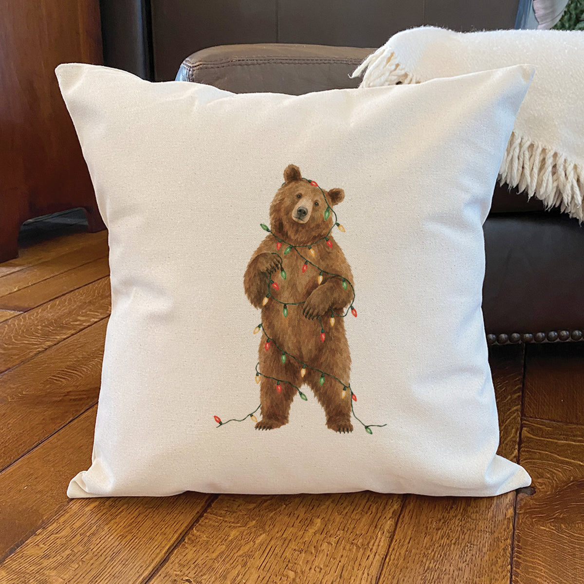 Bear with Christmas Lights - Square Canvas Pillow