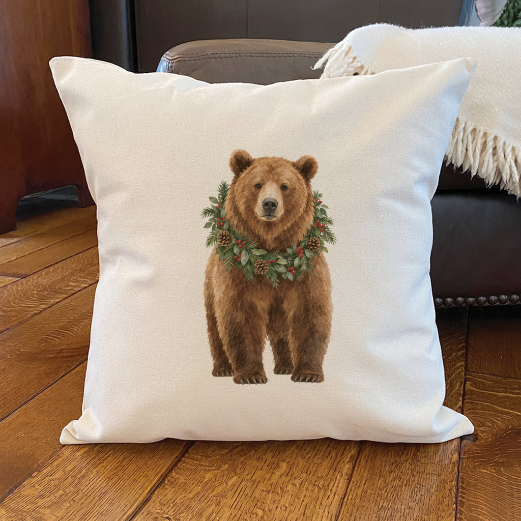 Bear with Holiday Wreath - Square Canvas Pillow