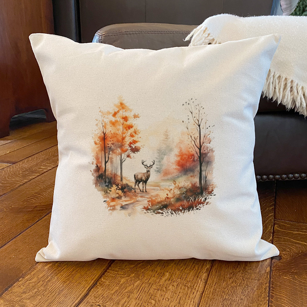 Watercolor Fall Forest and Deer - Customizable Square Canvas Pillow