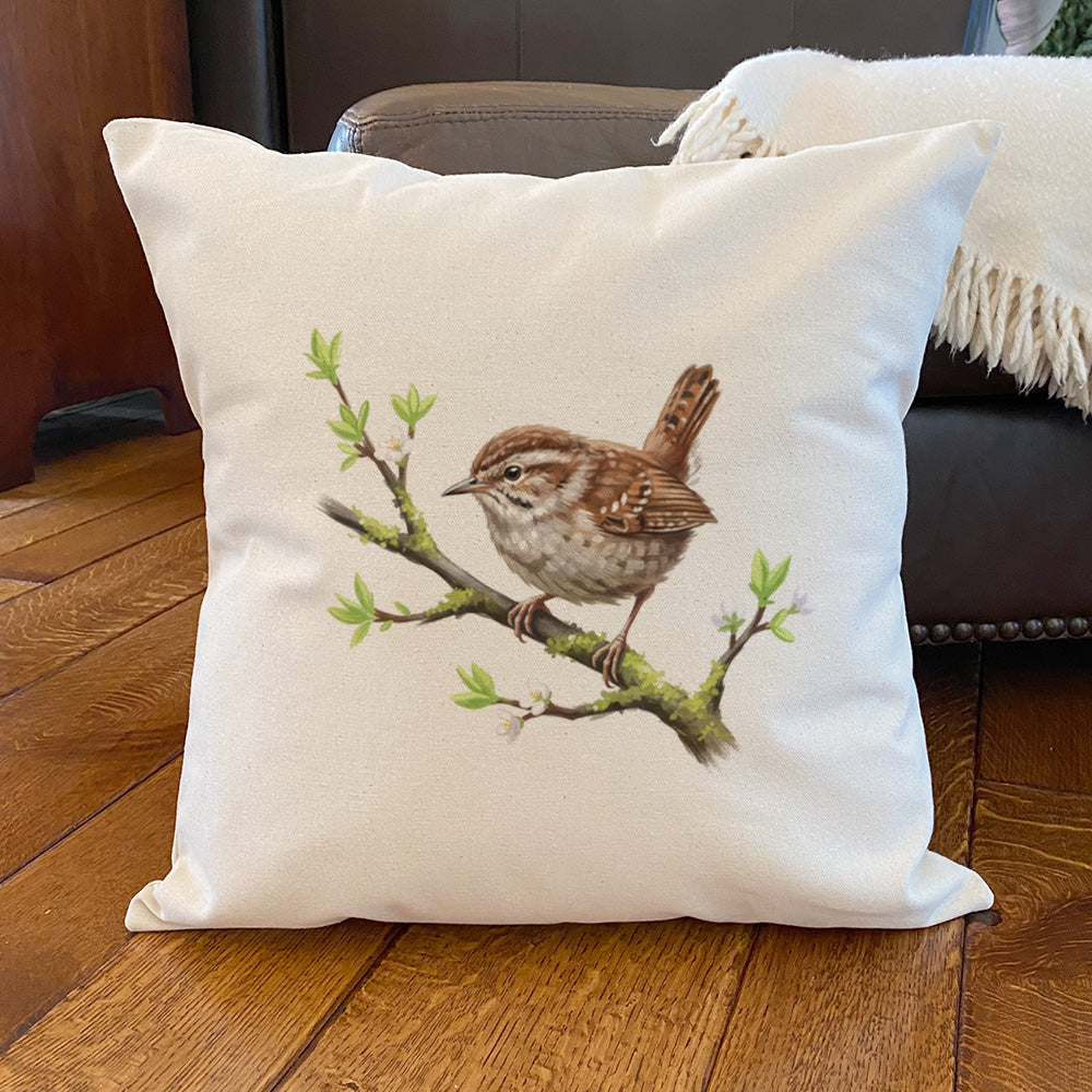 Wren on Spring Branch - Oil Paint - Square Canvas Pillow