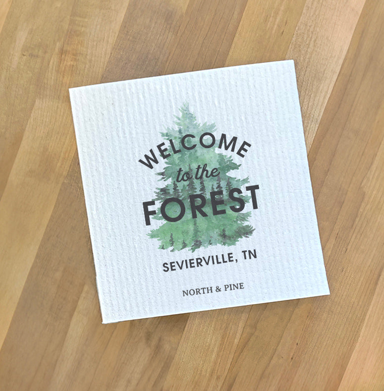 Welcome to the Forest w/ City, State - Custom Swedish Dish Cloth