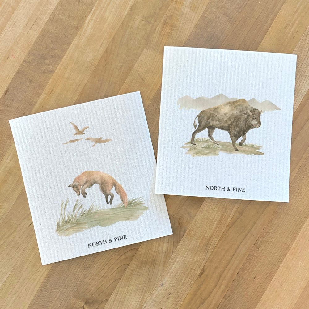 Watercolor Fox, Bison Scene - 2pk Swedish Dish Cloth