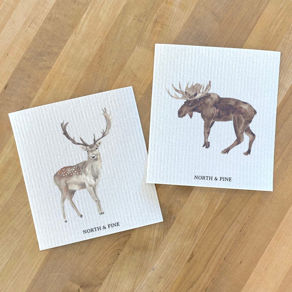 Watercolor Buck, Moose - 2pk Swedish Dish Cloth