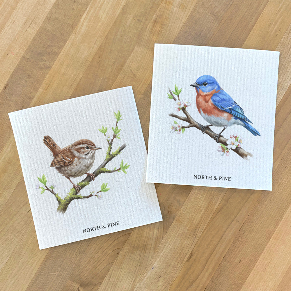Wren on Spring Branch - Oil Paint - 2pk Swedish Dish Cloth